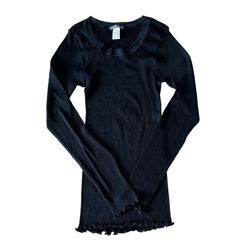 Monoprix Femme Long Sleeve Ribbed Lettuce Hem T-Shirt Black T2 Medium